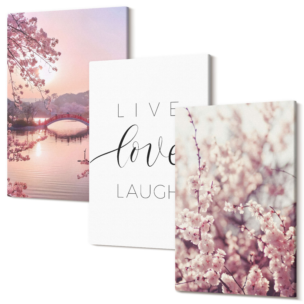 Sada obrazov na stenu triptych Kvetinové motívy s mostíkom a nápisom