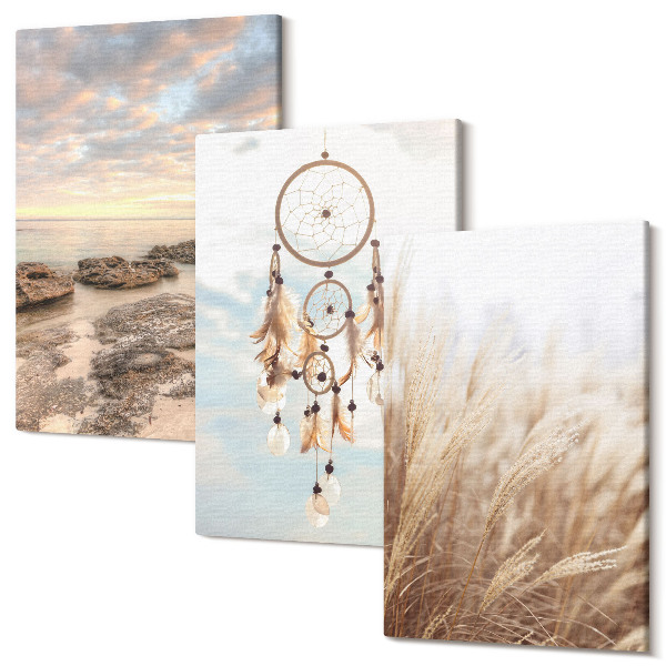 Sada obrazov triptych Výhľad na more s mrakmi, lapačom snov a trávou