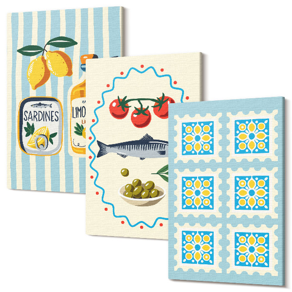 Sada obrazov triptych Ilustrácie kuchyne v stredomorskom štýle