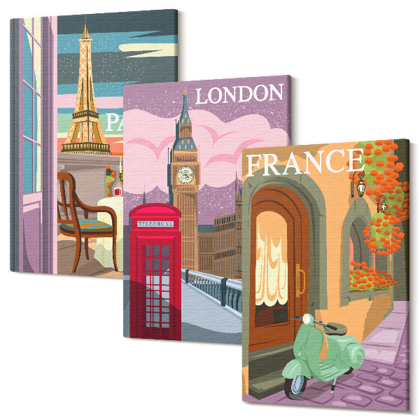 Sada 3 obrazov Retro panorámy miest Paríža, Londýna a Francúzska