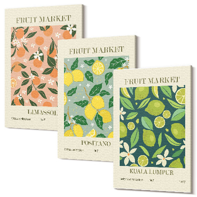 Sada obrazov na stenu triptych Ovocné vzory s citrusovými plodmi a vintage kvetmi