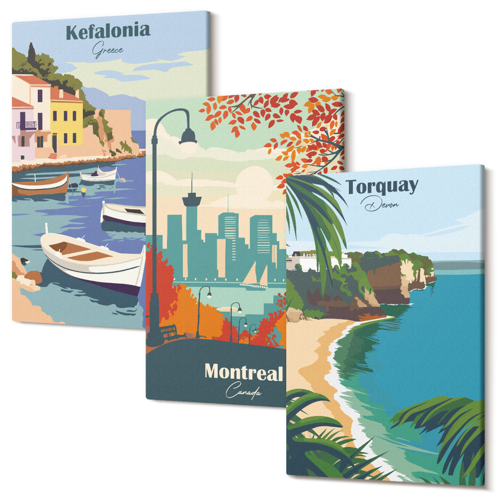 Sada 3 obrazov Panoráma miest a krajiny z Grécka, Kanady a Austrálie