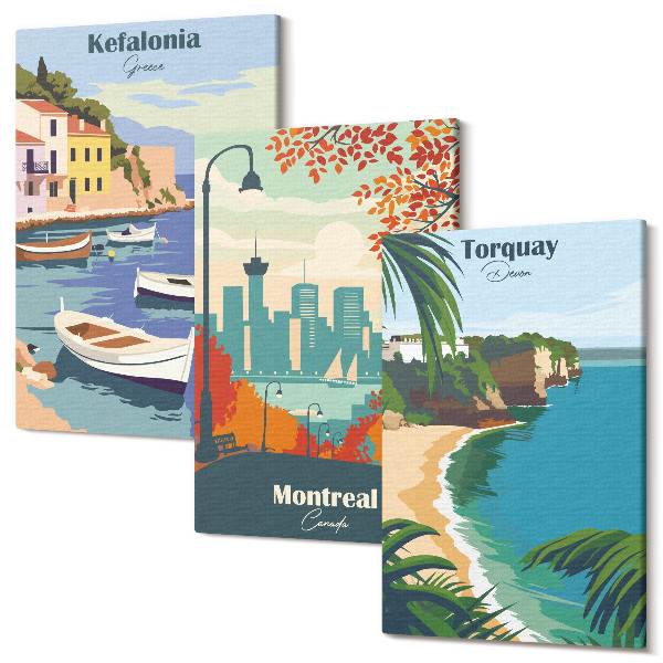 Sada 3 obrazov Panoráma miest a krajiny z Grécka, Kanady a Austrálie