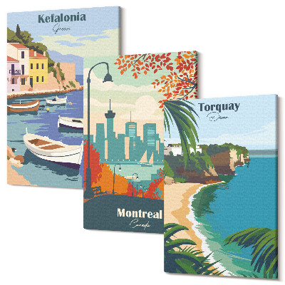 Sada 3 obrazov Panoráma miest a krajiny z Grécka, Kanady a Austrálie