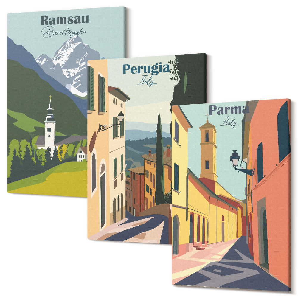 Sada 3 obrazov Horská krajina a ulice talianskych miest