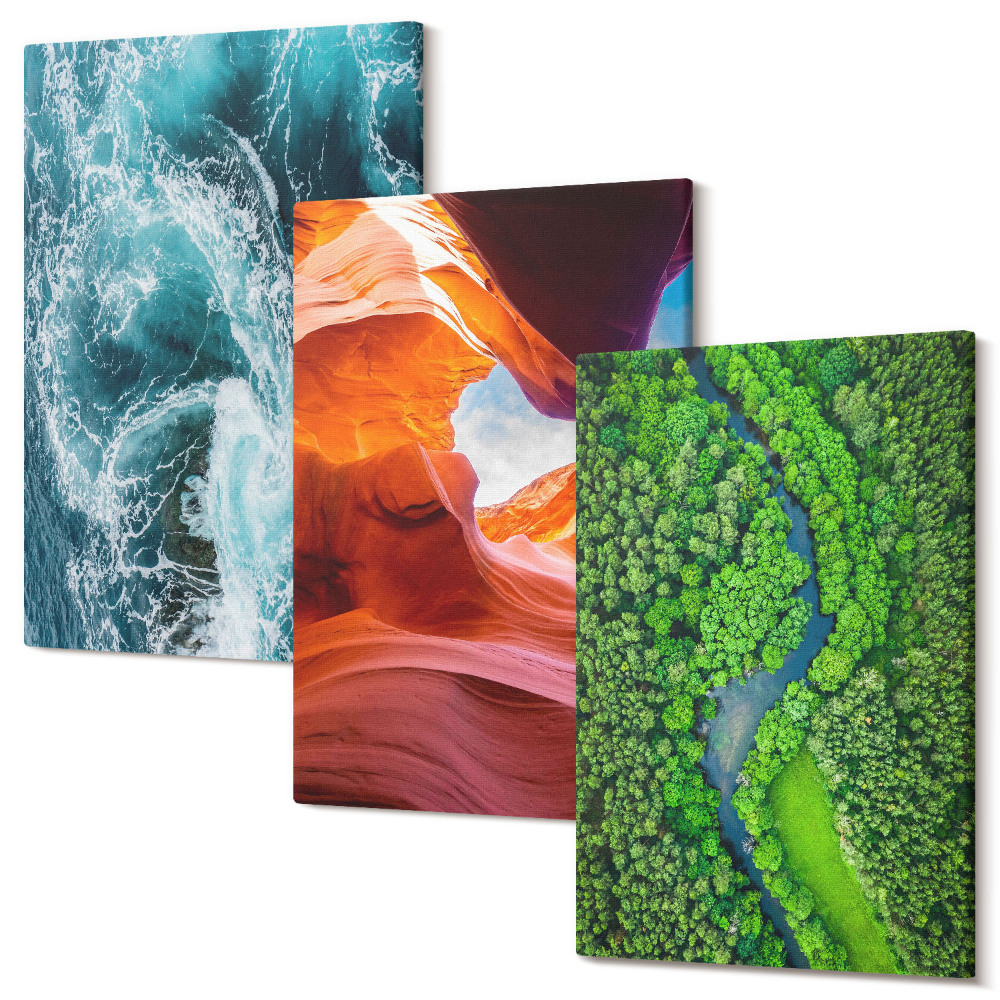 Sada 3 obrazov Kaňon vody v pohybe a zelená lesná príroda