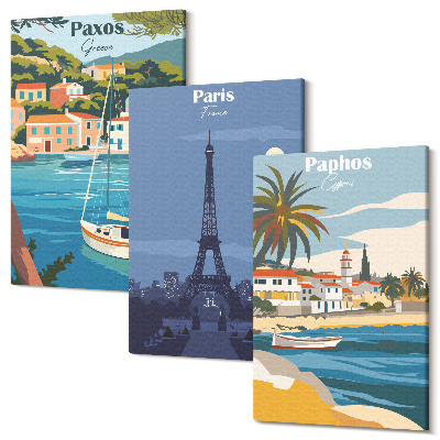 Sada obrazov triptych Pohľady na pobrežné mestá a ich architektúru