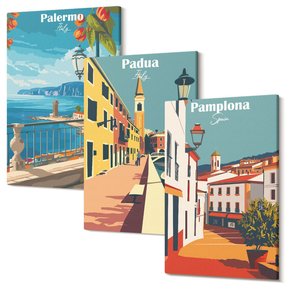 Sada obrazov na stenu triptych Obľúbené mestá v retro ilustračnom štýle