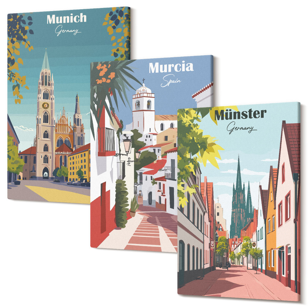 Sada 3 obrazov Európske mestá vo farebných ilustráciách