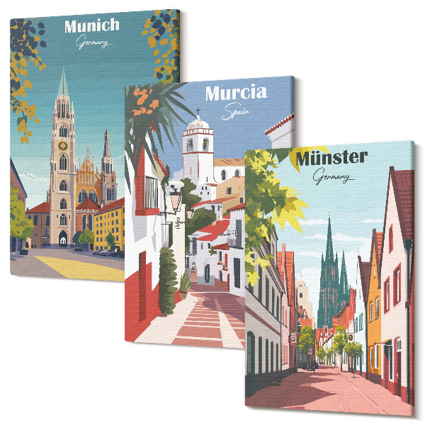 Sada 3 obrazov Európske mestá vo farebných ilustráciách