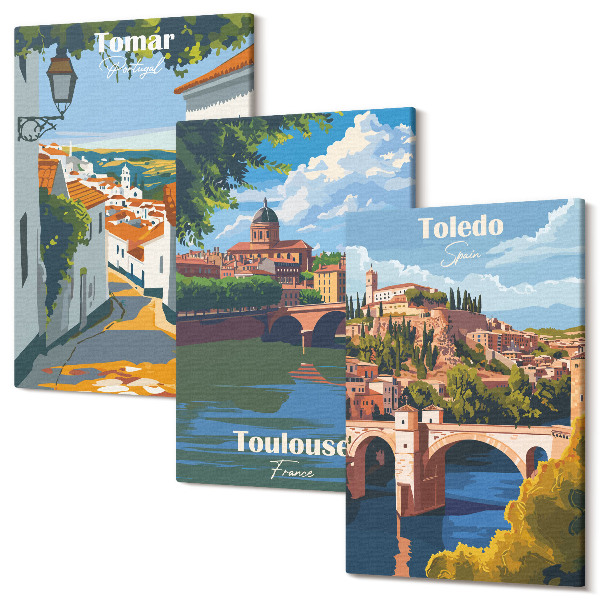 Sada 3 obrazov Grafika známych miest v retro štýle