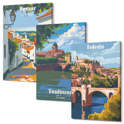 Sada 3 obrazov Grafika známych miest v retro štýle