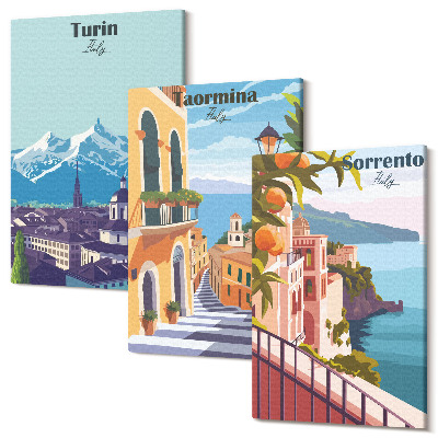 Sada 3 obrazov Farebné ilustračné panorámy mesta v retro štýle