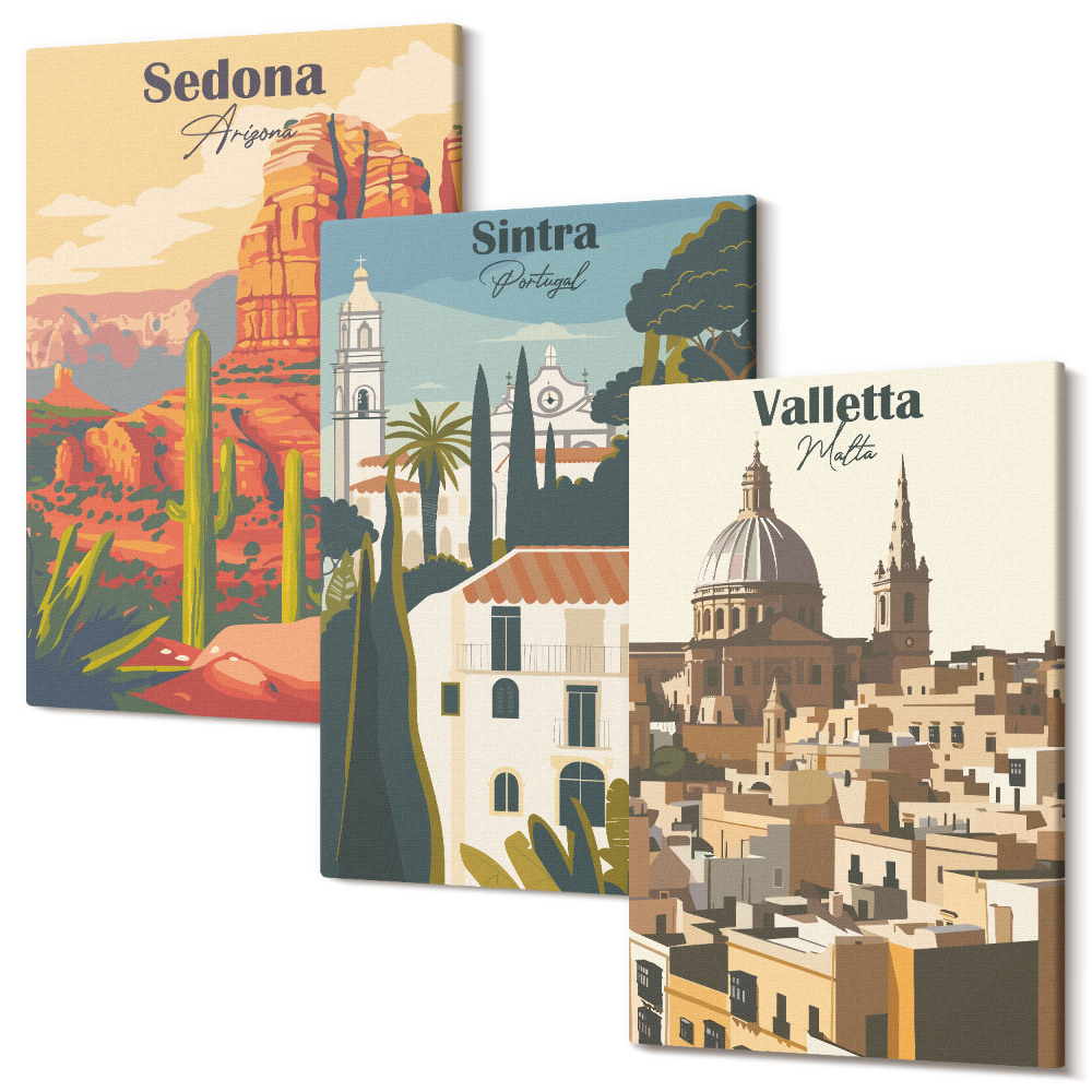 Sada 3 obrazov Retro panorámy mesta Sedona Sintra Valletta