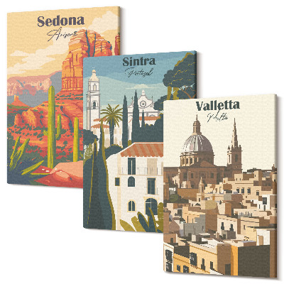 Sada 3 obrazov Retro panorámy mesta Sedona Sintra Valletta