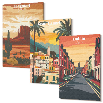 Sada obrazov triptych Krajiny miest a prírody v teplých farbách