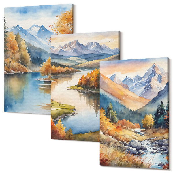 Sada obrazov triptych Výhľad na hory s riekou a jesennými stromami