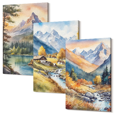 Sada obrazov na stenu triptych Horská krajina s riekou a chalúpkami v jesenných farbách