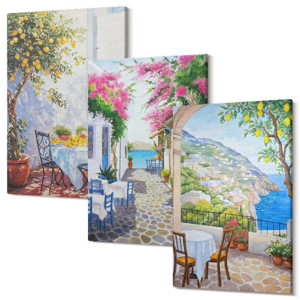 Sada 3 obrazov Očarujúce uličky s kvitnúcimi rastlinami a výhľadom na more