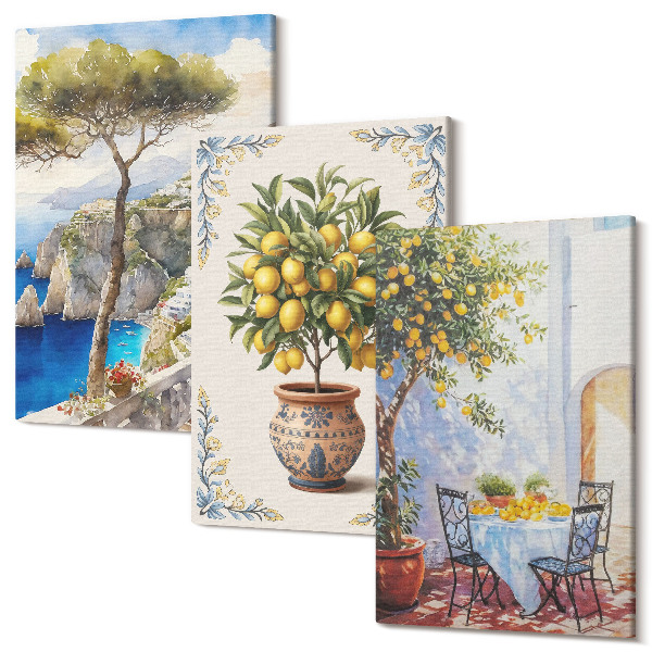 Sada obrazov na stenu triptych Výhľad na more s citrónovníkom a záhradným stolom