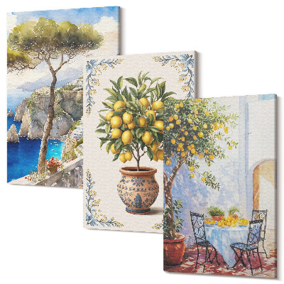 Sada obrazov na stenu triptych Výhľad na more s citrónovníkom a záhradným stolom
