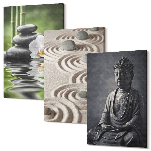 Sada 3 obrazov Relaxačný pohľad na Budhu, kamene na pláži a bambus