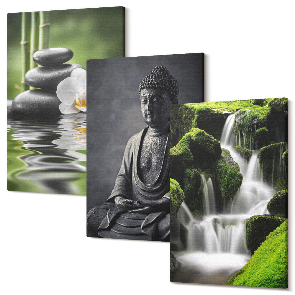 Sada 3 obrazov Relaxačné ZENové obrazy s vodou, kameňmi a Budhom