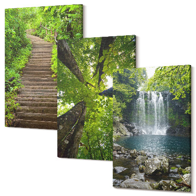 Sada obrazov triptych Lesná cesta s vodopádom a zeleňou