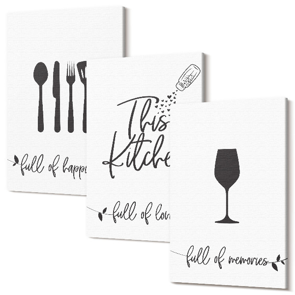 Sada obrazov triptych Vzory kuchynského náčinia s nápismi do kuchyne