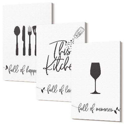 Sada obrazov triptych Vzory kuchynského náčinia s nápismi do kuchyne