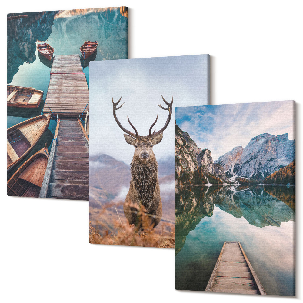 Sada obrazov na stenu triptych Jazero s člnmi, jeleňmi a horskou krajinou