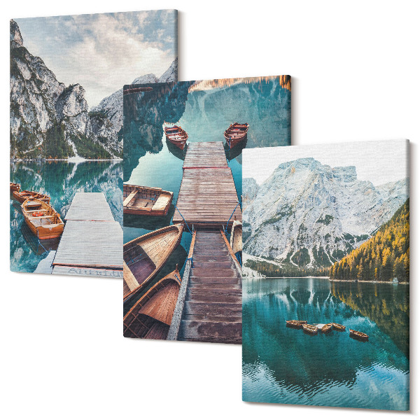 Sada 3 obrazov Jazero s drevenými mólami a horami