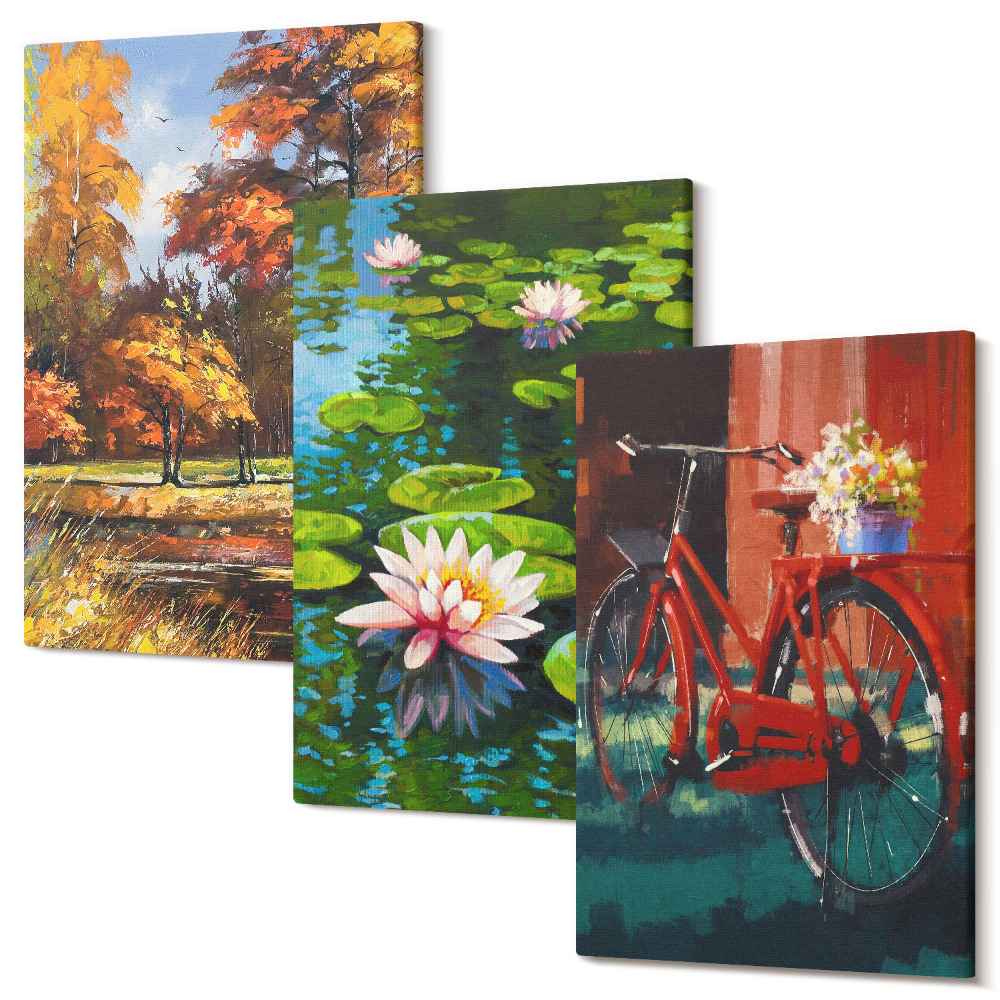 Sada obrazov na stenu triptych Jesenné farby, jazierko s ľaliami, bicykel na terase