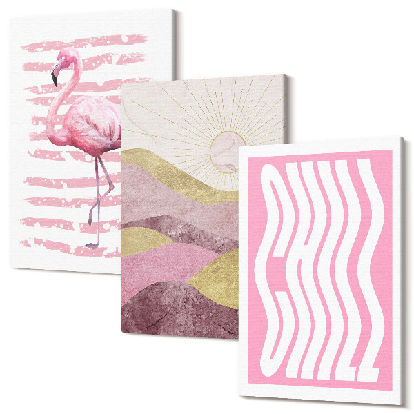 Sada 3 obrazov Ružové plameniaky pastelová horská krajina Chill nápis