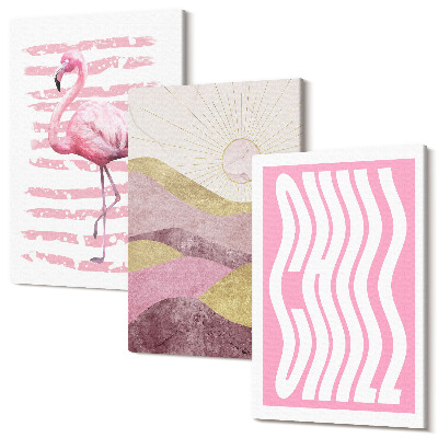 Sada 3 obrazov Ružové plameniaky pastelová horská krajina Chill nápis