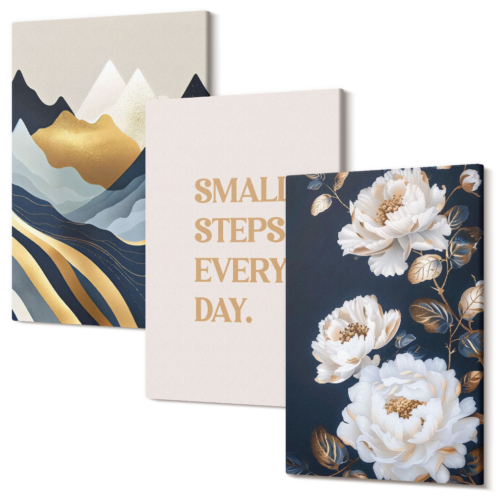 Sada obrazov na stenu triptych Abstraktné hory kvety a inšpirujúce nápisy