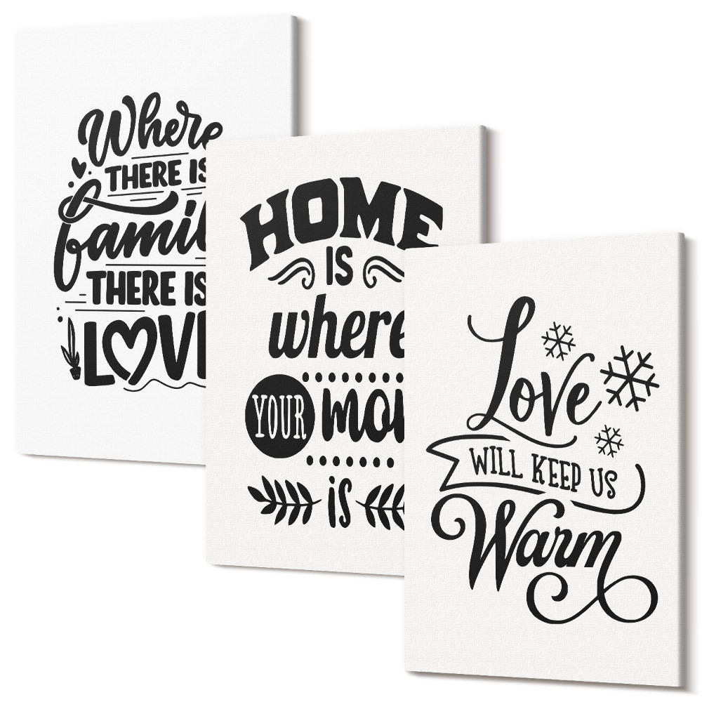 Sada 3 obrazov Rodina, láska, domov, teplo v jednoduchých sloganoch