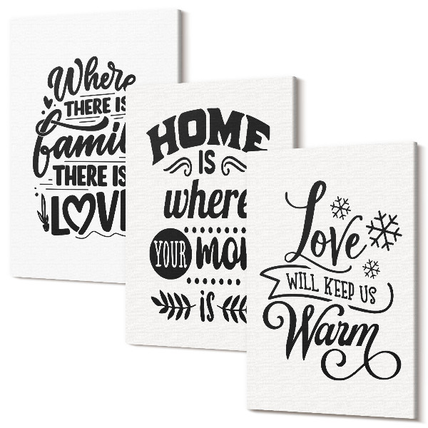Sada 3 obrazov Rodina, láska, domov, teplo v jednoduchých sloganoch