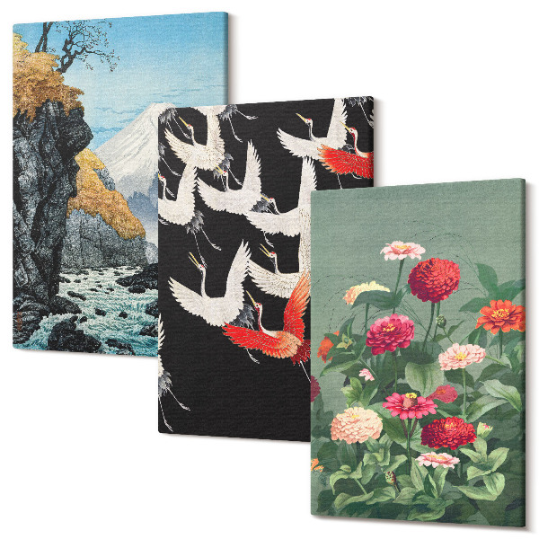 Sada obrazov na stenu triptych Hory s vodopádom, letiacimi vtákmi a farebnými kvetmi