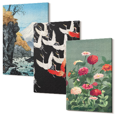 Sada obrazov na stenu triptych Hory s vodopádom, letiacimi vtákmi a farebnými kvetmi