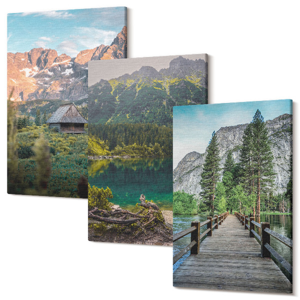 Sada 3 obrazov Horská krajina s jazerom a dreveným mólom
