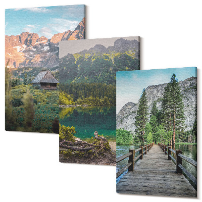 Sada 3 obrazov Horská krajina s jazerom a dreveným mólom