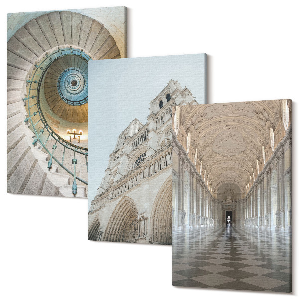 Sada obrazov triptych Točité schodisko katedrály, pohľad na fasádu budovy a dláždená chodba