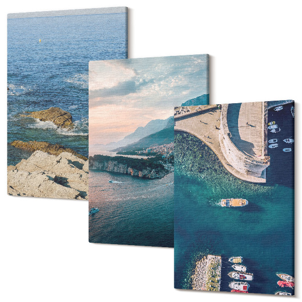 Sada obrazov triptych Výhľad na more s útesmi a horskými prístavmi