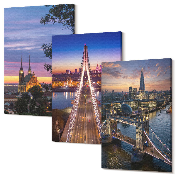 Sada obrazov na stenu triptych Výhľad na mesto s mostami a západy slnka