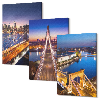 Sada 3 obrazov Nočné pohľady na mestá s mostami a riekami