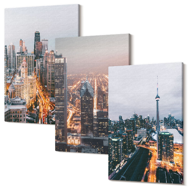 Sada obrazov triptych Nočný výhľad na mesto s mrakodrapmi a svetlami