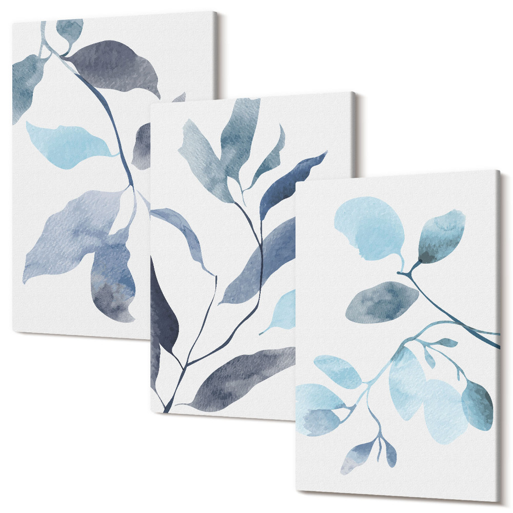 Sada 3 obrazov Modré listy na svetlom pozadí, akvarelový štýl