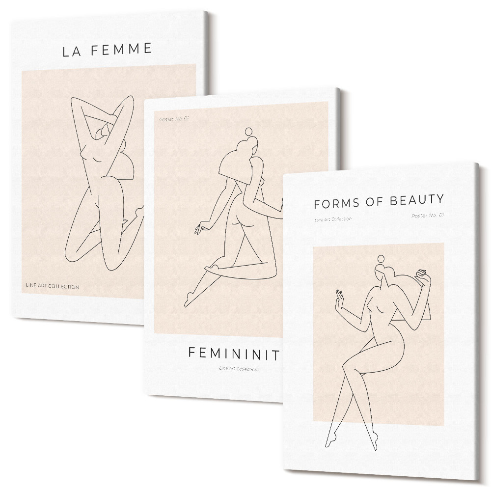 Sada 3 obrazov Lineárne siluety žien na minimalistických plagátoch