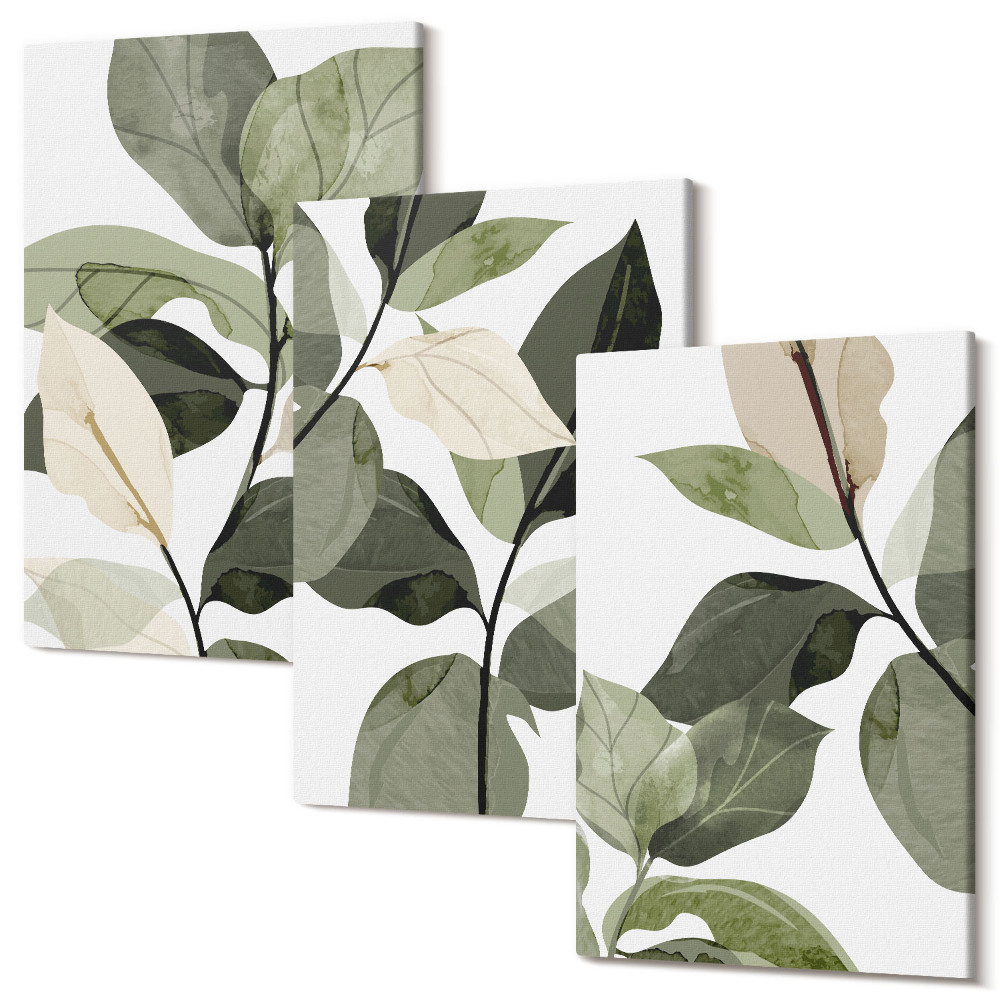 Sada 3 obrazov Maľované jemné listy boho rastlín